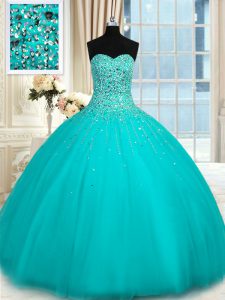 Turquoise Ball Gowns Beading Sweet 16 Dresses Lace Up Tulle Sleeveless Floor Length