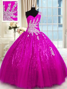 Popular Fuchsia Ball Gowns Lace One Shoulder Sleeveless Appliques Floor Length Lace Up Sweet 16 Dresses