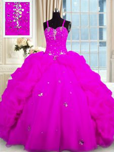 Elegant Fuchsia Ball Gowns Beading and Pick Ups Quince Ball Gowns Lace Up Organza Sleeveless Floor Length