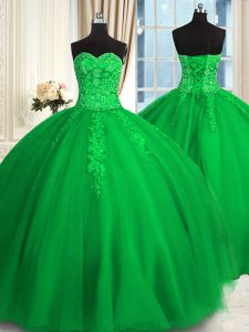 Green Lace Up Quince Ball Gowns Appliques and Embroidery Sleeveless Floor Length