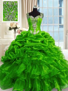 Romantic Green Lace Up Vestidos de Quinceanera Beading and Ruffles and Pick Ups Sleeveless Floor Length