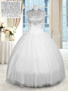 Fantastic White 15 Quinceanera Dress Military Ball and Sweet 16 and Quinceanera and For with Beading High-neck Sleeveles