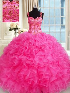 Modest Hot Pink Sleeveless Organza Lace Up 15 Quinceanera Dress for Military Ball and Sweet 16 and Quinceanera