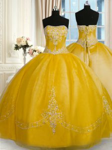 Colorful Gold Ball Gowns Beading and Embroidery 15 Quinceanera Dress Lace Up Organza Sleeveless Floor Length