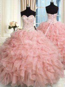 Suitable Floor Length Lace Up Sweet 16 Dress Baby Pink for Military Ball and Sweet 16 and Quinceanera with Beading and R