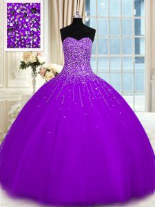 Gorgeous Purple Sleeveless Tulle Lace Up Ball Gown Prom Dress for Military Ball and Sweet 16 and Quinceanera