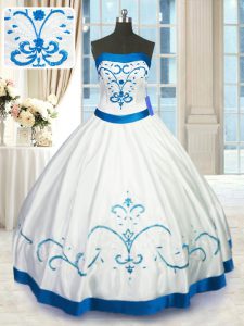 White Satin Lace Up Quinceanera Gown Sleeveless Floor Length Beading and Embroidery