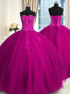 Latest Sweetheart Sleeveless Lace Up Sweet 16 Quinceanera Dress Fuchsia Tulle