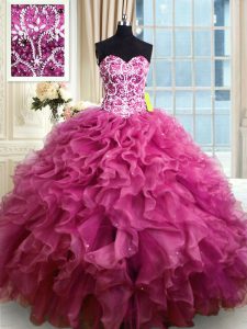 Wonderful Fuchsia Vestidos de Quinceanera Military Ball and Sweet 16 and Quinceanera and For with Beading and Ruffles Sw