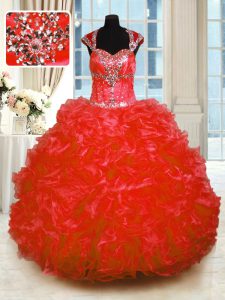 Fitting Red Straps Lace Up Beading and Ruffles Sweet 16 Quinceanera Dress Cap Sleeves