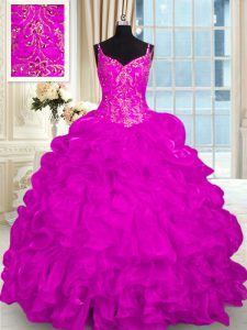 Fuchsia Sleeveless Organza Brush Train Lace Up Vestidos de Quinceanera for Military Ball and Sweet 16 and Quinceanera