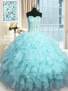 Artistic Baby Blue Ball Gowns Beading and Ruffles and Sequins 15th Birthday Dress Lace Up Organza Sleeveless Floor Lengt