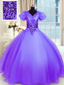 Floor Length Lace Up Quinceanera Dress Lavender for Military Ball and Sweet 16 and Quinceanera with Appliques