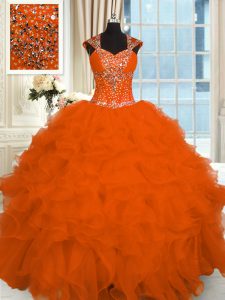 Luxurious Beading and Ruffles Quinceanera Gown Orange Red Lace Up Cap Sleeves Floor Length