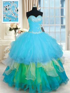 Classical Multi-color Sleeveless Floor Length Beading and Ruffled Layers Lace Up 15th Birthday Dress
