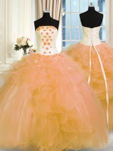 Shining Floor Length Gold Quinceanera Dresses Strapless Sleeveless Lace Up