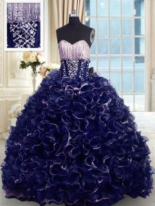 Fancy Navy Blue Organza Lace Up Quinceanera Gown Sleeveless With Brush Train Beading and Ruffles
