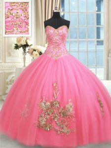 Rose Pink Ball Gowns Beading and Appliques and Embroidery Sweet 16 Quinceanera Dress Lace Up Tulle Sleeveless Floor Leng