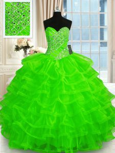 Stunning Ruffled Ball Gowns Quince Ball Gowns Sweetheart Organza Sleeveless Floor Length Lace Up