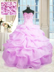Lilac Ball Gowns Organza Sweetheart Sleeveless Beading and Ruffles Floor Length Lace Up Ball Gown Prom Dress