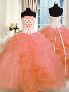 Edgy Orange Lace Up Strapless Pick Ups and Hand Made Flower Sweet 16 Dresses Tulle Sleeveless