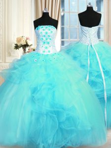 Affordable Aqua Blue Tulle Lace Up Strapless Sleeveless Floor Length Sweet 16 Dress Pick Ups and Hand Made Flower