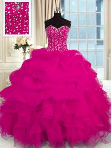 Modest Sweetheart Sleeveless Lace Up 15th Birthday Dress Fuchsia Organza