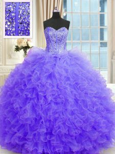 Artistic Lavender Strapless Lace Up Beading and Ruffles Ball Gown Prom Dress Sleeveless