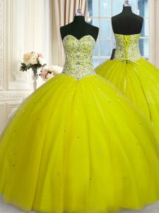 Fabulous Yellow Green Lace Up Sweet 16 Quinceanera Dress Beading and Sequins Sleeveless Floor Length