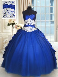 Royal Blue Organza and Taffeta and Tulle Lace Up Sweetheart Sleeveless Floor Length Quinceanera Dresses Beading and Lace