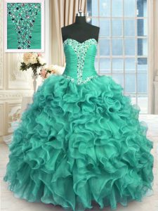 Fancy Floor Length Turquoise Sweet 16 Dresses Sweetheart Sleeveless Lace Up
