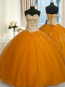 Luxury Sequins Sweetheart Sleeveless Lace Up Ball Gown Prom Dress Rust Red Tulle