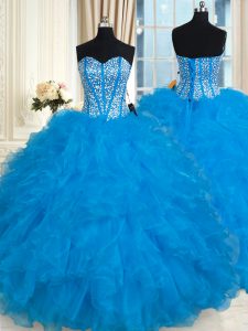 Luxury Baby Blue Sleeveless Organza Lace Up Quinceanera Dress for Military Ball and Sweet 16 and Quinceanera