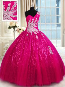 Sexy Hot Pink One Shoulder Neckline Appliques Ball Gown Prom Dress Sleeveless Lace Up