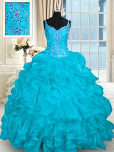 Aqua Blue Ball Gowns Beading and Embroidery and Ruffles 15th Birthday Dress Lace Up Organza Sleeveless