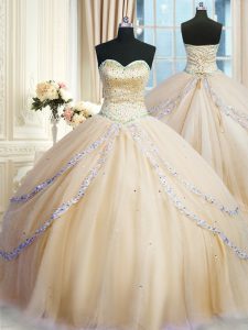 Popular With Train Champagne Quince Ball Gowns Tulle Court Train Sleeveless Beading and Appliques