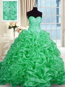 New Style Beading Quince Ball Gowns Green Lace Up Sleeveless Sweep Train