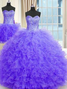 Stunning Three Piece Lavender Ball Gowns Strapless Sleeveless Tulle Floor Length Lace Up Beading and Ruffles 15 Quincean