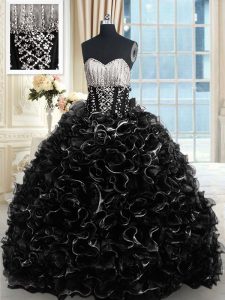 Black Sweetheart Neckline Beading and Ruffles Quinceanera Gown Sleeveless Lace Up