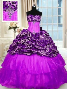 Exceptional Strapless Sleeveless Quinceanera Gowns Sweep Train Beading and Ruffled Layers Purple Organza and Printed