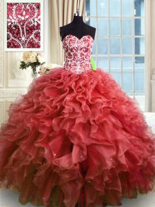 Customized Wine Red Lace Up Quinceanera Dress Beading and Ruffles Sleeveless Floor Length