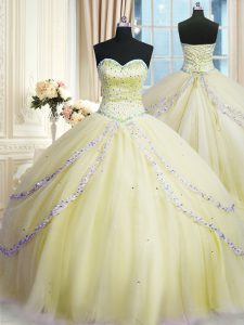 Best Light Yellow Sleeveless With Train Beading and Appliques Lace Up Quinceanera Gown