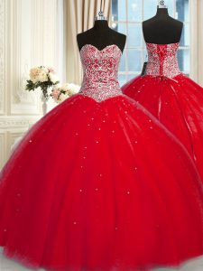 Deluxe Halter Top Sequins Ball Gowns Sleeveless Red Quinceanera Dresses Lace Up