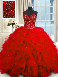 Fashion Red Sleeveless Floor Length Beading and Ruffles and Sequins Lace Up Quince Ball Gowns