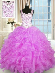 Hot Selling Lilac Lace Up Straps Beading and Ruffles 15th Birthday Dress Organza Sleeveless
