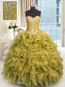 Brown Ball Gowns Organza Sweetheart Sleeveless Beading and Ruffles Floor Length Lace Up Ball Gown Prom Dress
