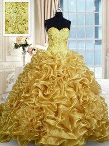Gold Sweetheart Neckline Beading and Pick Ups Quinceanera Dresses Sleeveless Lace Up