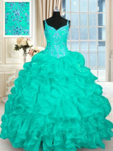 Brush Train Ball Gowns Quinceanera Dresses Turquoise Spaghetti Straps Organza Sleeveless Lace Up