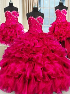 Four Piece Sleeveless Beading and Ruffles and Ruching Lace Up Quinceanera Gown