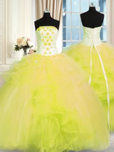 Floor Length Yellow Green Quinceanera Gown Tulle Sleeveless Beading and Ruffles